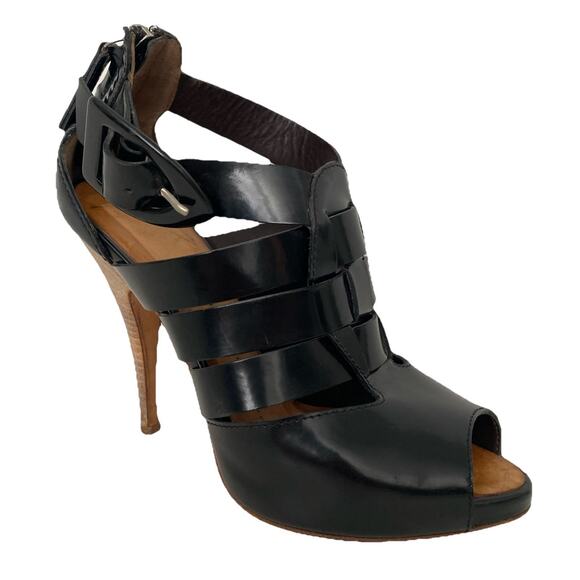 Giuseppe Zanotti Shoes - Giuseppe Zanotti Caged Sandal Black Peep Toe Slim Heel Back Zip Ankle St…